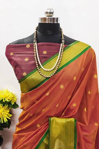 Orange pure silk woven zari work saree with blouse