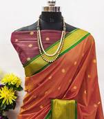 Orange pure silk woven zari work saree with blouse