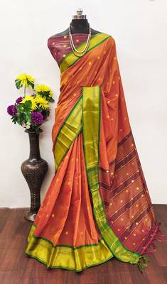Orange pure silk woven zari work saree with blouse 2