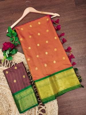 Orange pure silk woven zari work saree with blouse 4