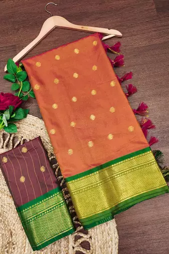 Orange pure silk woven zari work saree with blouse