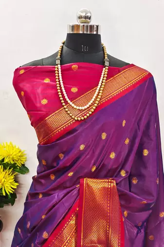 Purple pure silk woven zari work saree with blouse