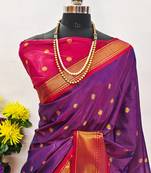 Purple pure silk woven zari work saree with blouse