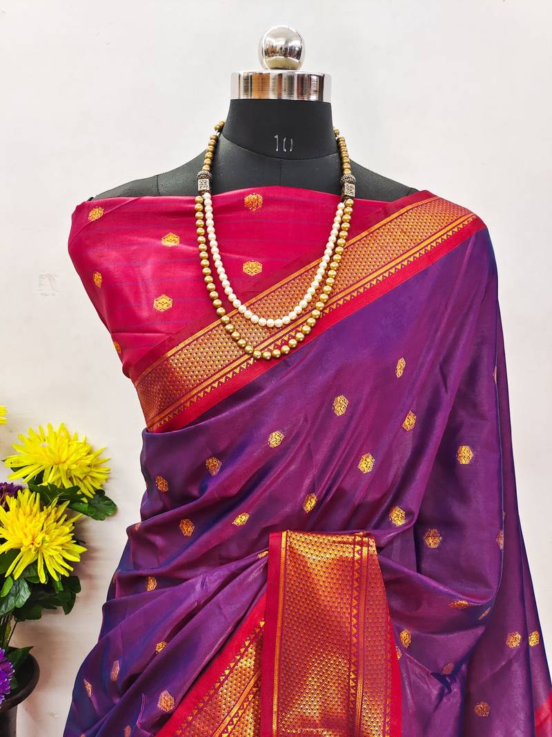 Purple pure silk woven zari work saree with blouse