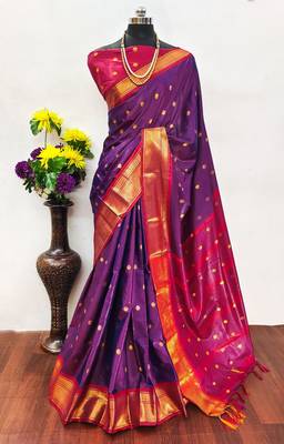 Purple pure silk woven zari work saree with blouse 2