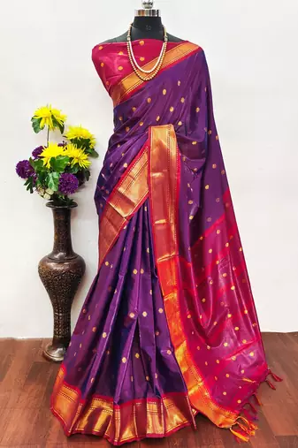 Purple pure silk woven zari work saree with blouse