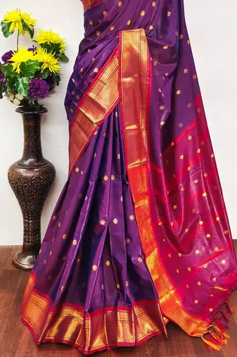Purple pure silk woven zari work saree with blouse