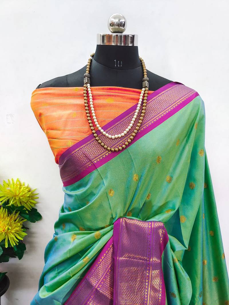 Multicolor pure silk woven zari work saree with blouse