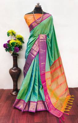 Multicolor pure silk woven zari work saree with blouse 2