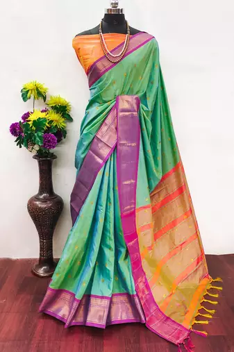Multicolor pure silk woven zari work saree with blouse