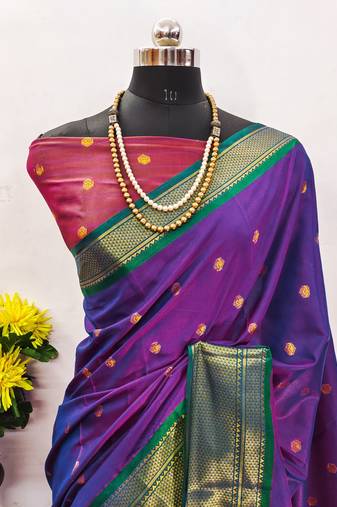 Purple pure silk woven zari work saree with blouse