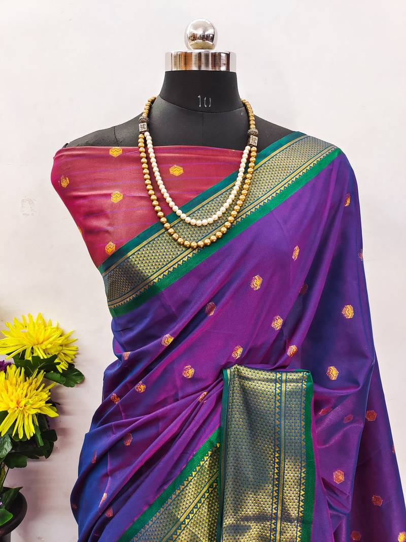 Purple pure silk woven zari work saree with blouse