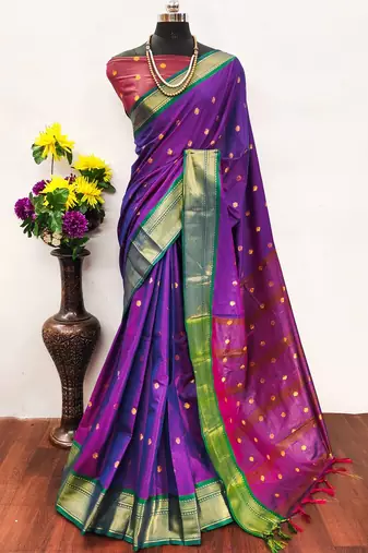 Purple pure silk woven zari work saree with blouse