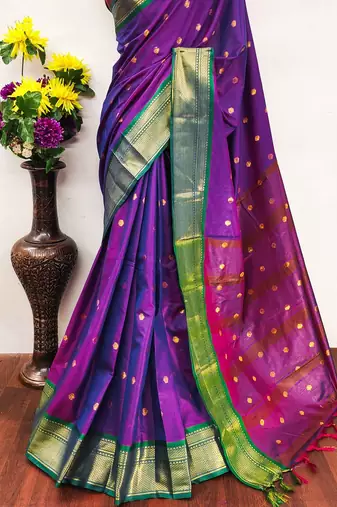 Purple pure silk woven zari work saree with blouse
