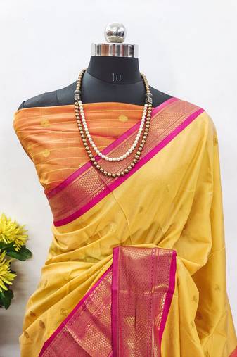 Yellow pure silk woven zari work saree with blouse