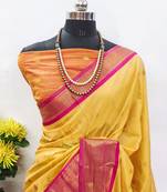 Yellow pure silk woven zari work saree with blouse