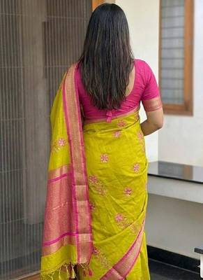 Gold blended cotton embroidered zari work saree with blouse 4