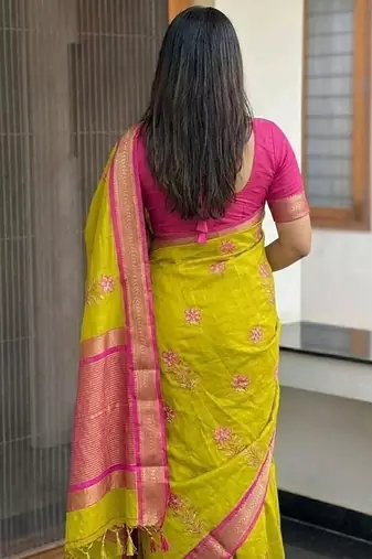 Gold blended cotton embroidered zari work saree with blouse