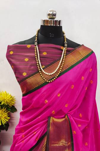 Pink pure silk woven zari work saree with blouse