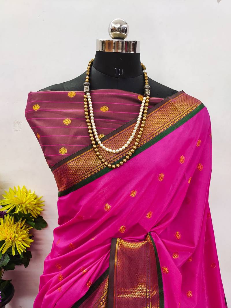 Pink pure silk woven zari work saree with blouse