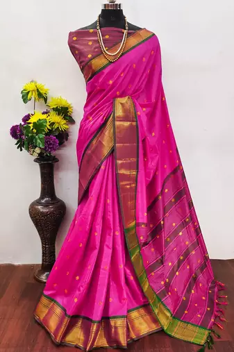 Pink pure silk woven zari work saree with blouse