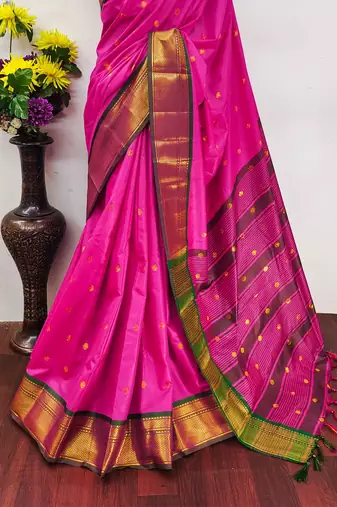 Pink pure silk woven zari work saree with blouse