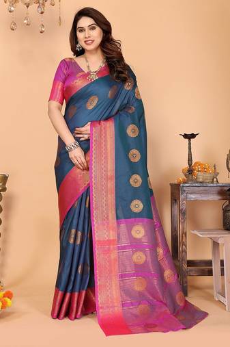 Dark blue pure silk printed zari work saree with blouse