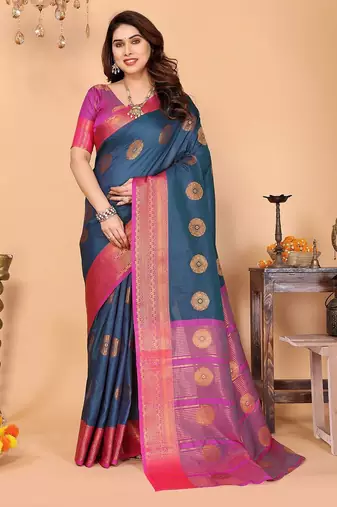 Dark blue pure silk printed zari work saree with blouse