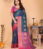 Dark blue pure silk printed zari work saree with blouse