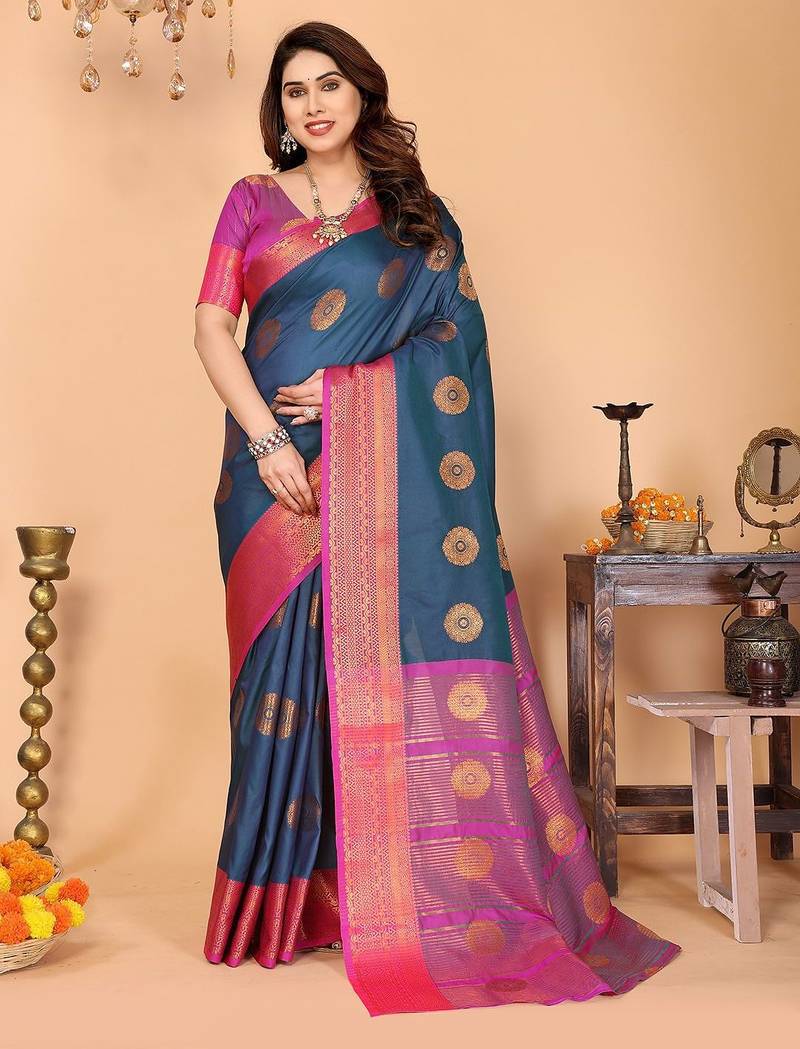 Dark blue pure silk printed zari work saree with blouse