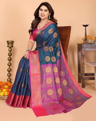 Dark blue pure silk printed zari work saree with blouse 2
