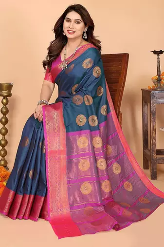 Dark blue pure silk printed zari work saree with blouse