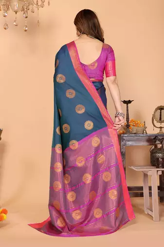 Dark blue pure silk printed zari work saree with blouse