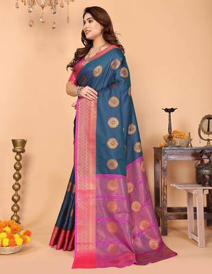 Dark blue pure silk printed zari work saree with blouse 5