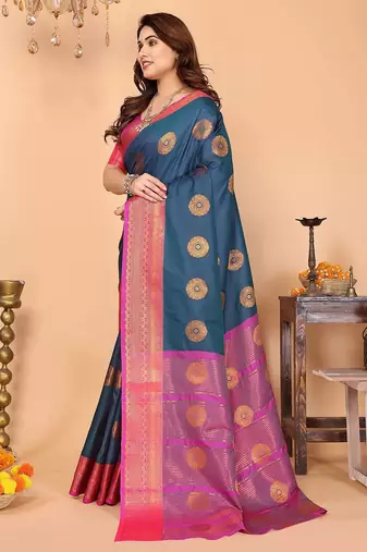 Dark blue pure silk printed zari work saree with blouse