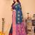 Dark blue pure silk printed zari work saree with blouse