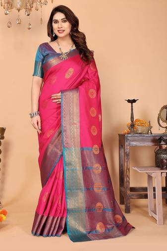 Pink pure silk woven zari work saree with blouse