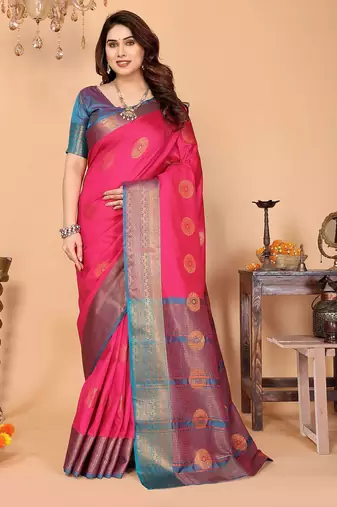 Pink pure silk woven zari work saree with blouse
