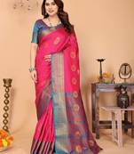 Pink pure silk woven zari work saree with blouse