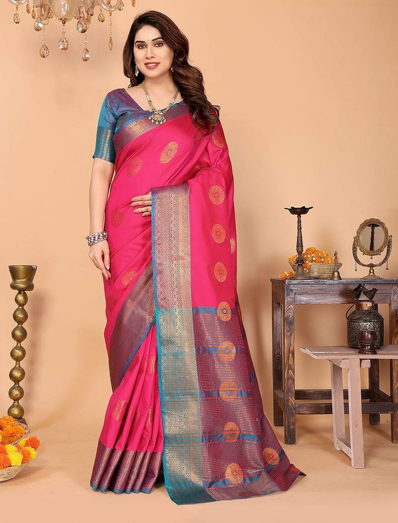 Pink pure silk woven zari work saree with blouse
