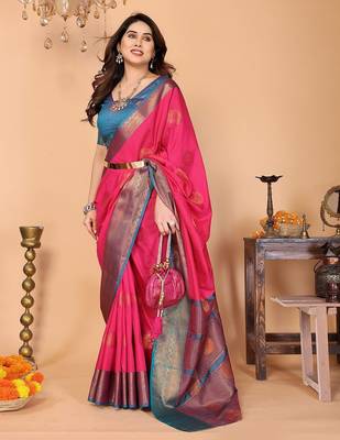 Pink pure silk woven zari work saree with blouse 2
