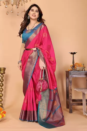 Pink pure silk woven zari work saree with blouse