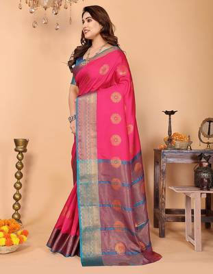 Pink pure silk woven zari work saree with blouse 3