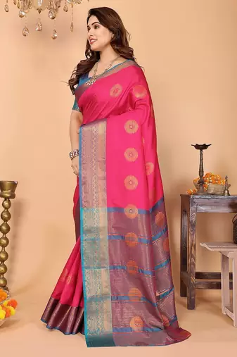 Pink pure silk woven zari work saree with blouse
