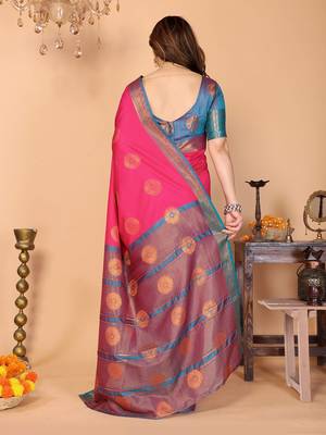 Pink pure silk woven zari work saree with blouse 4