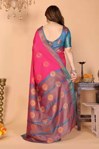 Pink pure silk woven zari work saree with blouse