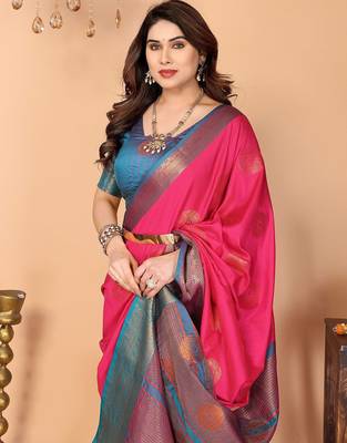 Pink pure silk woven zari work saree with blouse 5