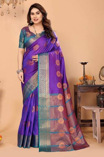 Purple pure silk woven zari work saree with blouse