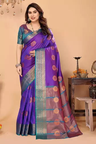 Purple pure silk woven zari work saree with blouse