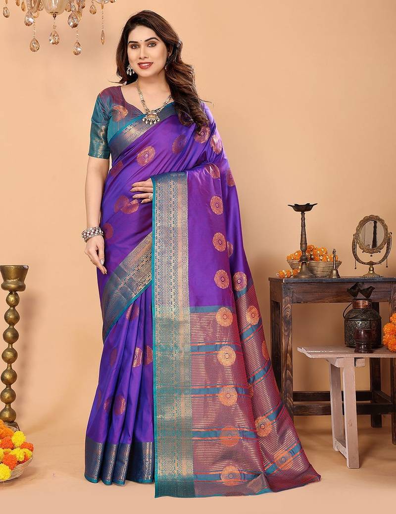 Purple pure silk woven zari work saree with blouse